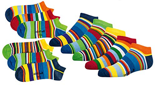 FussFreunde 6 Paar Kinder Sneakersocken, handgekettelt, mit Motiv Freche Bande, Gute Laune Ringel und Sunny für Mädchen und Jungen (GuteLauneRingel, 35-38)
