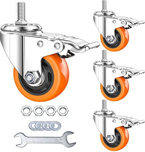 Aozel Lot de 4 roulettes pivotantes robustes à tige filetée avec filetage américain 1/2 - 33 x 1 - Double roue de verrouillage avec freins - 7,6 cm
