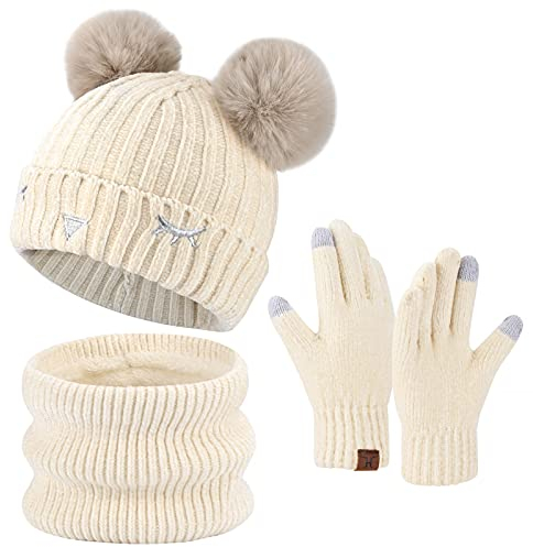Kinder Winter Warm Pompom Beanie Mütze Schal Schlauchschal und Touchscreen Handschuhe Set mit Fleece Gefüttert für 3-10 Jahre Jungen Mädchen Wintermütze Strickmütze Winterhandschuhe, Weiß