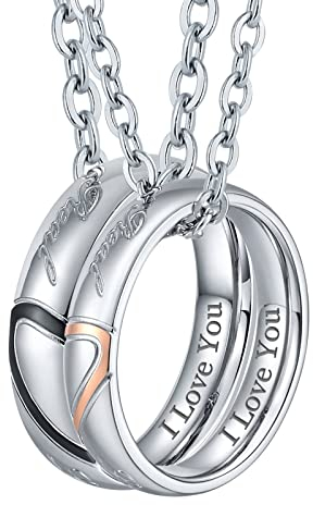Bishilin Partnerringe für Sie und Ihn, Partnerketten Personalisiert Edelstahl Paar Halskette mit Ring Anhänger Herz mit Gravur I Love You