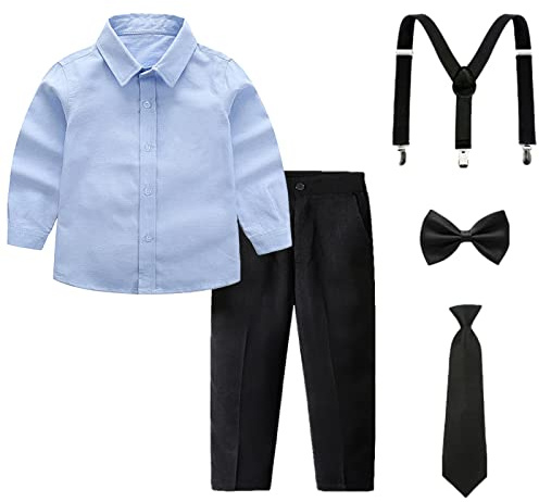 amropi Traje de Bautizo Niños Conjuntos de Camisa de Manga Larga y Pajarita y Pantalones y Tirantes Azul Negro, 5-6 años