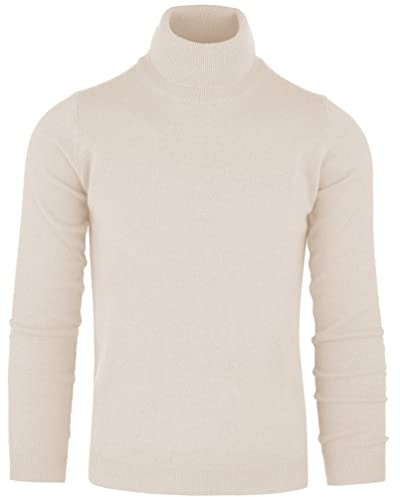 Cashmere Zone - Jersey de Cuello Alto para Hombre 30% Cachemira Pura 70% Lana Pura Suéter de Manga Larga Suave, Esponjoso y cálido (XXL, Crema)