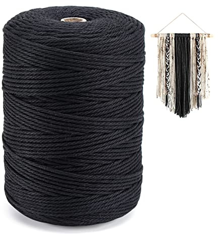 Homewit Corde Macramé 3mm*300m,Fil macramé Naturel à 4 Brins, Corde Coton pour Hanging Plant DIY Décoration,Tapisserie, Suspension de Fleurs, Rideau et Décorations de Noël (Noir)