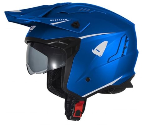 Casco Jet Sheratan con visera parasol retráctil Trial Street Scooter Moto azul mate (XS