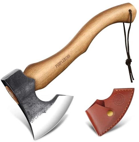 PURPLEBIRD Hatchet Axe with Sheath for Camping, 15 Inch Bushcraft Axe Carbon Steel Chopping Axes Wood Handle Splitting Axes, Hand-Forged Camping Hatchet for Carving Bushcraft Outdoor Forest Garden