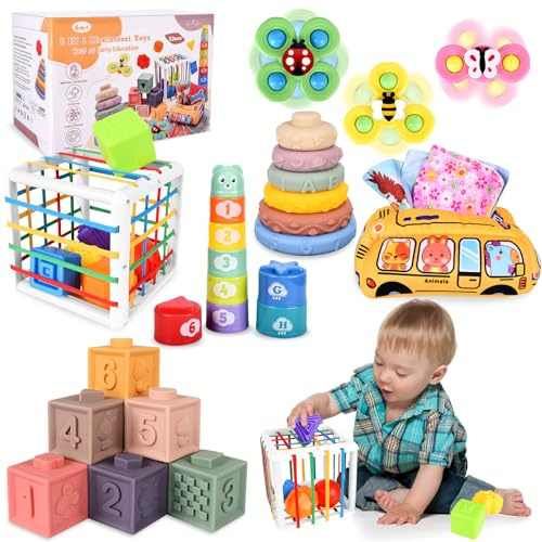 Herenear Giochi Montessori per Neonati, 6 in 1 Montessori Sensoriali Giocattoli, Blocks Impilabili, Giocattoli a Ventosa, Giocattolo Cubo Attività, Regalo Giochi Neonato 6 ai 18 Mesi