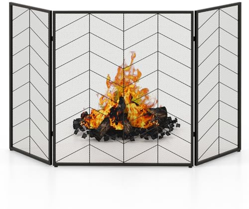 GOPLUS Funkenschutz Metall, 3-teiliger Funkenschutzgitter mit Muster, Kaminschutz klappbar, Kamingitter für Kamin, Heimdekoration, 132 x 79 cm, Schwarz (mit Linienmuster)