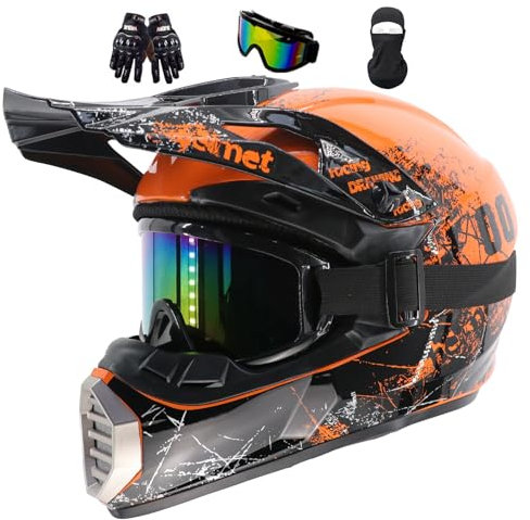 Motocross Helm Kinder, MTB Helm Fullface Kinder, Erwachsene Dirt Bike Offroad Motorradhelm Integralhelm Crosshelm Helm, Für Mountainbike ATV BMX Downhill Offroad, Mit Brille Handschuhe(Color:Orange,Si