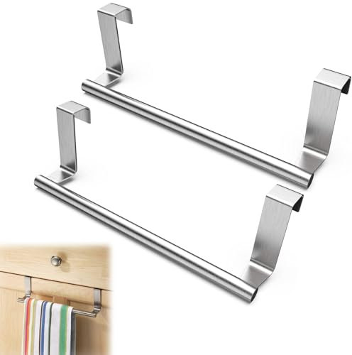 2 PCS Over Door Towel Rail, Silver Towel Holder, Kitchen Towel Rail, No Drilling for Kitchen Bathroom, Anti Slip Scratch Protecting Stripe for Cupboard Drawer Cabinet, Kitchen and Bathroom (23cm)
