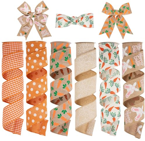 Oairse Juego de 6 rollos de cinta de Pascua de 6,3 cm, 30 yardas, con patrón de conejo, cintas de tela para envolver regalos, manualidades, corona, lazo, decoración de fiestas, proyectos de bricolaje