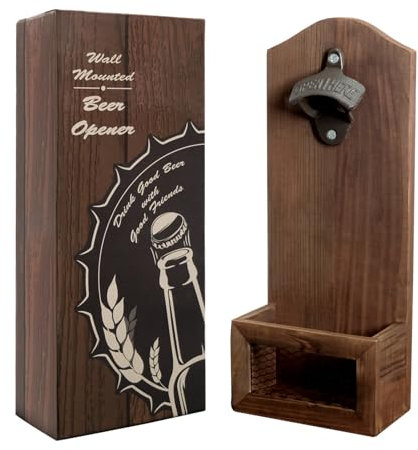 Bar Beer Opener Wall Mounted, Beer Bottle Opener with Cap Catcher, Wood Bottle Opener Wall Mounted Vintage, Beer Gifts for Men and Beer Lovers, Pub, Kitchen, Patio and Cabin
