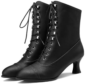 Women's Ankle Mid Calf Boots Round Toe Black Chunky Heel Lace Up Witch Boots for Ladies, Wedge Heel Vintage Granny Low Heel With Zipper (WX3-Black, 6)