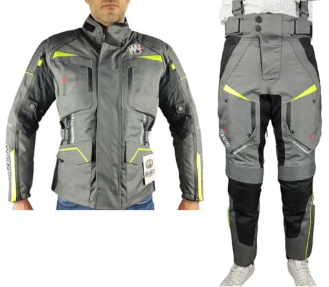 WinNet Tuta Completo Moto in Cordura Giacca e Pantalone con Protezioni Omologate C.E. impermeabile anti acqua pioggia e freddo 4 stagioni invernale ma sfoderabile in primavera estate JT Fluo (4XL)