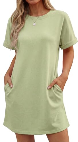 GRECERELLE Womens Summer Mini Dress Cap Sleeve Crew Neck T Shirt Short Casual Beach A Line Dresses with Pockets