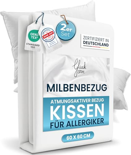 Glückstoff® 2er-Set Milbenbezug Kissen 60x60 [Zertifiziert IN Deutschland] - Premium Kissenschoner Encasing Milben - Allergiker Kissenschutzbezug - Allergie Bettwäsche Anti Milben - Milbenschutzbezug