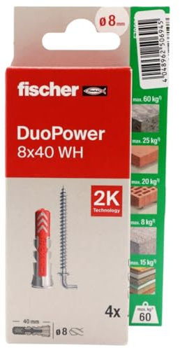 fischer - Duopower 8x40 Con Alcayata - 4U, Tacos para pared multimaterial, sirven para Colgar Bicicletas, Cuadros, Armarios, Soportes de Televisión, Estanterías, Muebles.
