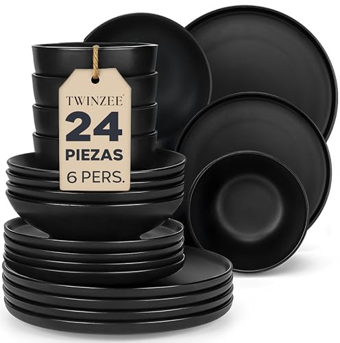Twinzee - Set de Vaisselle Gres Noir, 24 Pièces - Assiettes Service de Table 6 Personnes - Adapté Micro-onde - Vaisselle et Arts de la Table - Collection Ebony