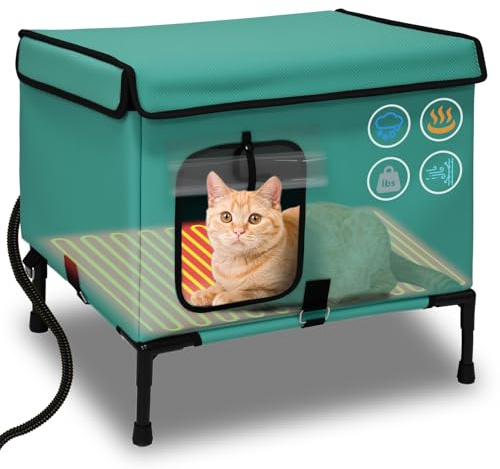 21 Large Size Heated Cat House for Outside, Weatherproof Heated Cat Shelter with Heating Pet Pad Included，Pet Houses for Outdoor Cat （16 D x 21 W x 17 H Grass Green