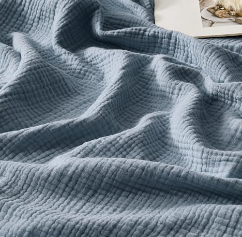 R.SHARE Coperta Mussole 100% Cotone per Adulti 220x240cm Coperta Cotone 4 Strati con Frange Traspirante Morbida Copriletto Estivo Matrimoniale Copridivano, Blu