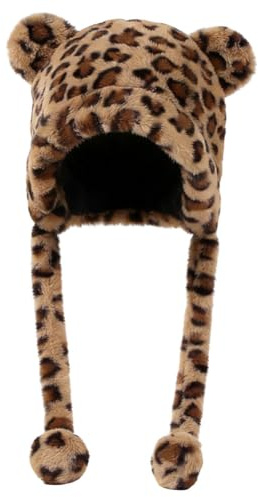 Vexthorion Leopard Print Winter Hat, Leopard Winter Hatcartoon Warm hat,Women's Animal Print Faux Fur Bucket Hat, Winter Warmer Plush Fisherman Cap, or Women Girls and Couples Brown