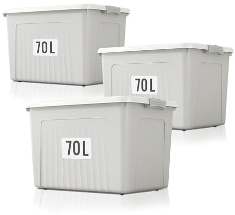 Froppi 3 x 70 Litre Premium Useful Plastic Storage Box with Lid and Wheels | Stackable | Grey | L63 W45 H35 cm | 3 Pack