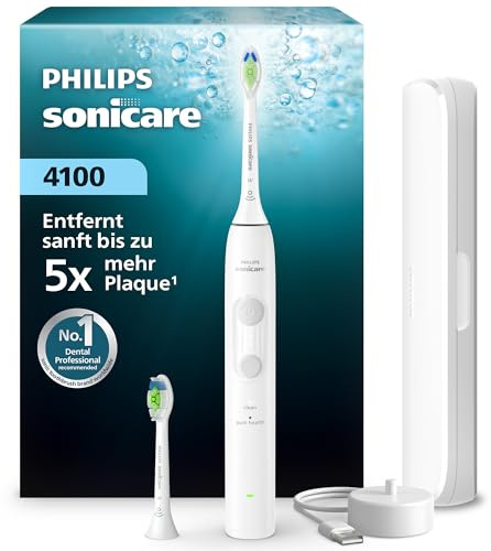 Spazzolino elettrico Philips Sonicare Serie 4100 - Spazzolino sonico con sensore di pressione, 4 impostazioni, EasyStart, SmarTimer, autonomia 21 giorni, custodia, bianco, HX4044/41, [Nuovo]