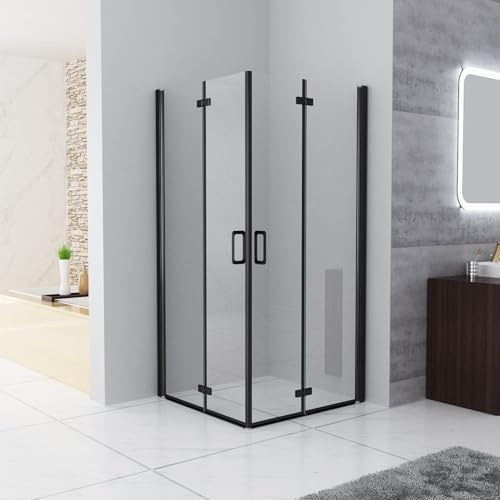 MIQU Cabina de ducha de esquina 80 x 80 cm, puerta plegable con doble puerta de ducha plegable, puerta de ducha mate, marco negro mate, puerta de cristal ESG, puerta plegable completa, altura 185 cm