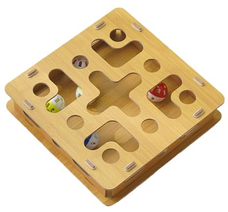 Boîte d'enrichissement de limes pour chats – Bois, 28 x 28 x 7 cm, puzzle à gratter pour chat, protection des meubles | Planche d'entraînement interactive de jouet de cloche, jouet de grattoir de chat