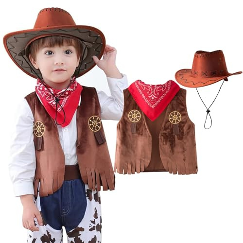 VIYUANH 3 PC Deguisement Cowboy Enfant Costume de Shérif pour Enfant avec Chapeau de Cowboy Gilet Foulard Costume de Carnaval pour Garçon et Fille