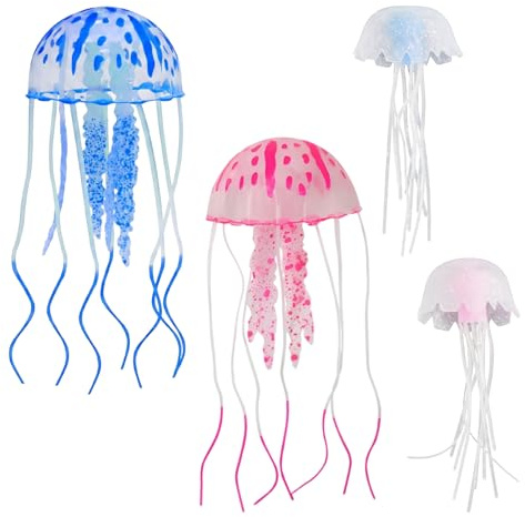 4 Pezzi Meduse Artificiali per Acquario, Decorazioni Acquario Fluorescenti in Silicone Morbido, Medusa Finta Galleggiante Effetto Realistico per Scenografia Acquario, 2 Medie e 2 Piccole