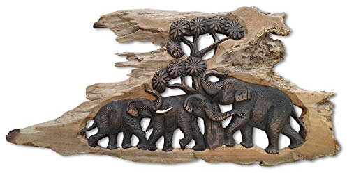 Kinaree Elefanten Wandrelief Schnitzerei - Wandbild Elefanten - verschiedene Größen - Handgemachte Schnitzerei (L - 3 Elefanten)