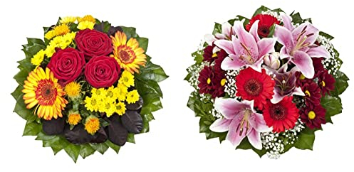 Dominik Blumen und Pflanzen, Blumenstrauß Blütenmeer mit roten Rosen, Färberdistel, Chrysanthemen und Gerbera & Blumenstrauß Charlotte mit rosa Lilien, Chrysantheme, Gerbera und Schleierkraut