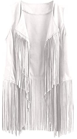 Wildleder Weste Damen Ärmellos Fransenweste Hippie Kostüm Lang Fransenjacke Einfarbig Jacke mit Fransen Große Größe Strickjacke Quasten Wildlederjacke Lose Übergangsjacke Leicht Vest Mantel Streetwear