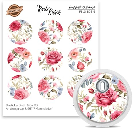 FreeStyle Libre 3 Sensor Sticker - 9er Set Red Roses - Aufkleber für Sensoren | Diasticker®