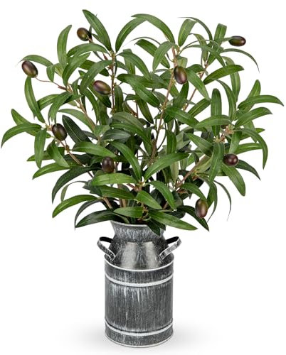 Oairse Artificial Olive Branches with Rustic Metal Vase 48cm Realistic Faux Greenery Stems Faux Potted Olive Plant for Home Office Room Kitchen Wedding Centerpiece Farmhouse VIntage Decor