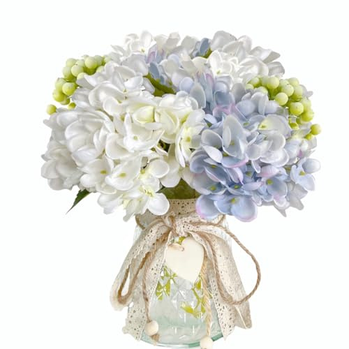 Hortensias sintéticas en jarrón de cristal, ramo de hortensias artificiales de seda con jarrón, decoración de centro de mesa, ramos de boda para fiesta, oficina, granja, cocina, decoración del hogar