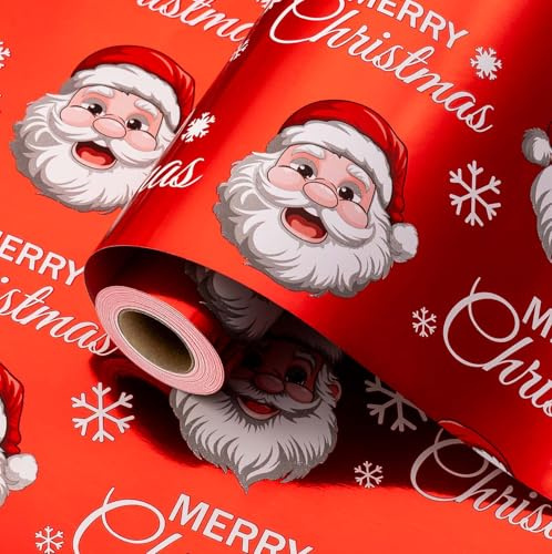 Wikadlik Christmas Wrapping Paper Roll - 43cm x 10m Red White Metallic Foil Shine Cute Present Packing Paper - Santa Claus/Snowflakes/Merry Christmas Lettering Design