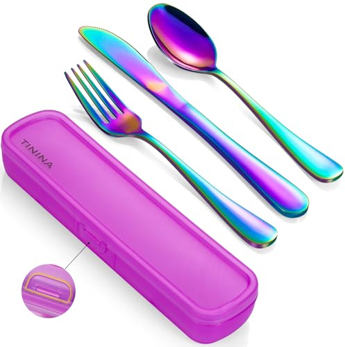 Camping Besteck, Edelstahl Reisebesteck mit Etui, Verstärktes Gehäuse mit Schnallen-Design, Campingbesteck für Outdoor, Reise, Arbeit, Schule, Spülmaschinenfest, Regenbogen