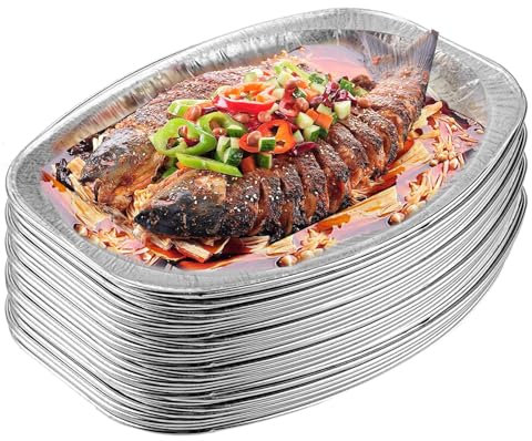 Pizsieat 15 Pièces Barquette Aluminium Plateaux Ovales en Aluminium Plat Jetable - Plat de Service pour Pâtisseries, Buffet, Poissons, Barbecue