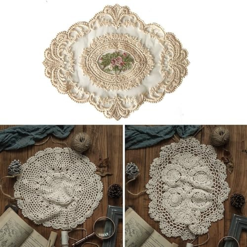 Mantel de encaje de ganchillo en estilo rústico, mantel floral de algodón para mesas de comedor, tapetes reutilizables y decorativos (A)
