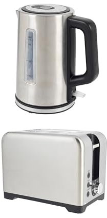 Salter Kettle & Toaster Set – 2-Slice Toaster with 7 Browning Levels, Defrost, Reheat, & Cancel Functions, 1.7 Litre Rapid Boil Kettle with Safety Features, Removable Limescale Filter, Stainless Steel