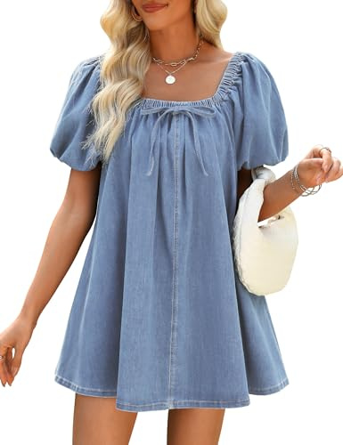 Fengbay Jeansklänning dam sommar, puff kortärmad casual jeansklänning fyrkantig hals fritidsklänning denim klänningar med fickor, Ljusblå, XL