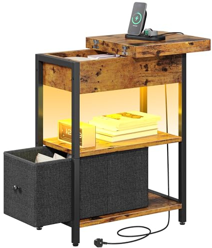 YITAHOME Narrow Side Table with Charging Station and LED, Slim Side Table with Storage Drawer, Bedside Table with USB Ports Outlets Sofa Table Nightstand for Living Room, Bedroom, Rustic Brown