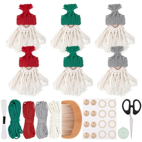 Scinzene Set di Natale macramè – (filato di cotone in 4 colori e 8 anelli in legno e 8 perline di legno), set macramè di Natale, decorazione natalizia fai da te, per albero di Natale, decorazione