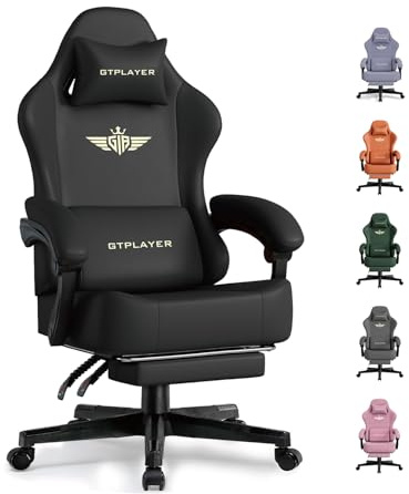 GTPLAYER Gaming Chair with Pocket Spring Cushion, Big and Tall Gamings Chairs 350LBS High Back Computer Chair with Footrest for Adults Lumbar Support Swivel Game Chair for Office, Leather Black