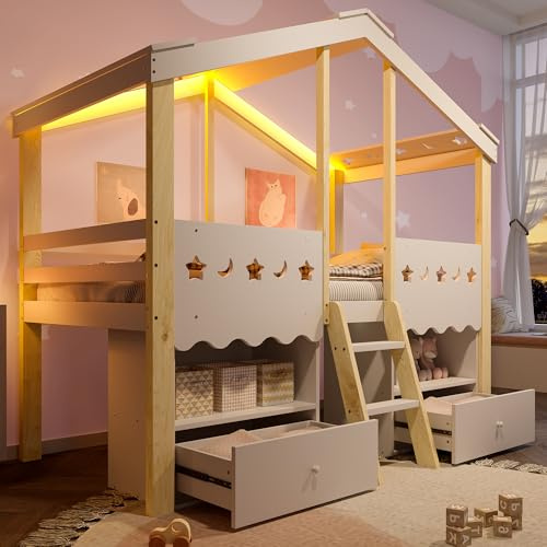 Yrxin Cama de media altura 90 x 200 cm, forma de casa, cama infantil con barra de luz LED y cajones, con protección anticaída y somier, cama alta para niños y niñas, color blanco + natural