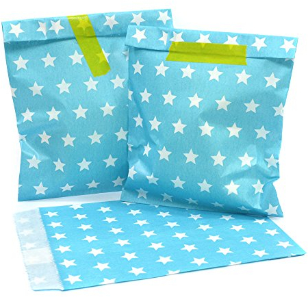 Frau WunderVoll® 25 PAPIERTÜTEN BEACHBLAU, Sterne 13 x 16,5 cm, 45 Gramm Papier, flach/Candy Bar, Hochzeit, Kindergeburtstag, Papiertütchen, Candybag, Tüten, Mitgebseltüten