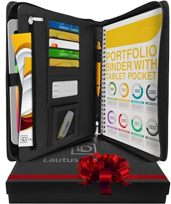 Black A4 Conference Folder - Zippered PU Leather Portfolio Folder for Men & Women with A4 Notepad, 10.5 Inch Tablet Pocket & Gift Box by Lautus Designs