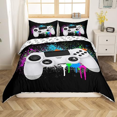 Spielen Bettwäsche Set Bunte Tie-Dye Hippie Tröster Abdeckung Gamepad Bettbezug Abstrakt Graffiti Kunst Tagesdecke für Jungen Teenager Spielzimmer Dekor Bettbezug Aktion Tasten Bettwäsche, 135x200