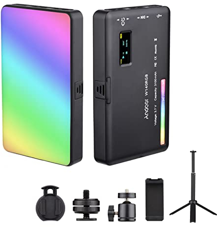 Andoer W140 RGB Luz de Video LED 2500K-9000K Regulable con trípode de Escritorio, Soporte para teléfono, Cabezal de Bola, Clip de computadora Adaptador de Zapata para Vlog Youtube TikTok